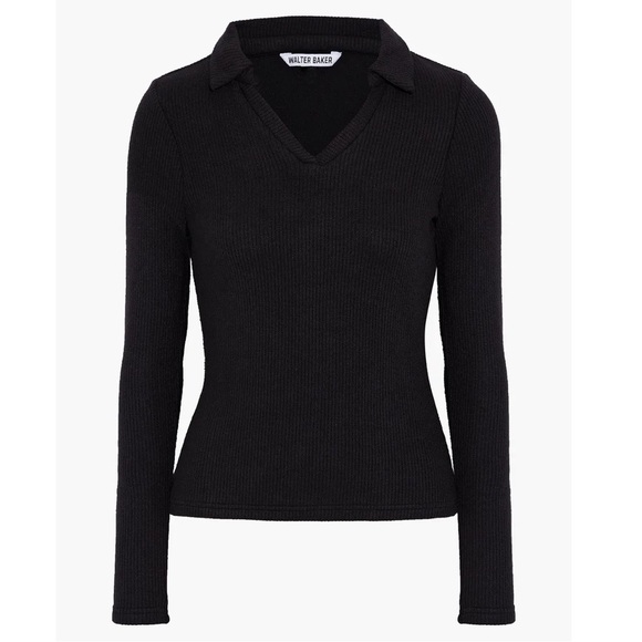 Walter Baker Black Rib Knit V-Neck Top XS Collar Capsule Wardrobe Minimalist - Picture 3 of 11